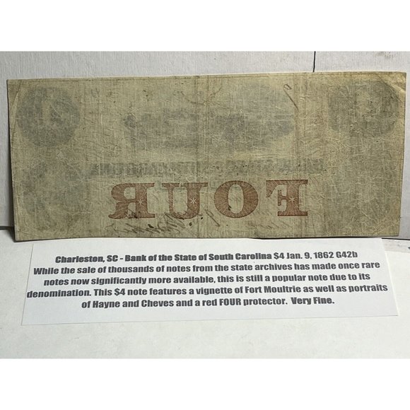 1862 Bank of State South Carolina Fort Sumter Four Dollar Note #9 Serial Number! - Picture 4 of 4